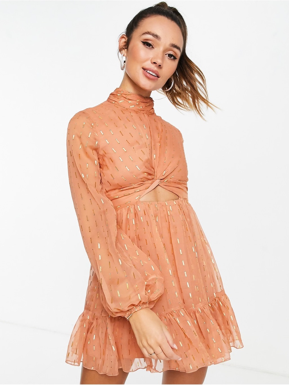 ASOS DESIGN Metallic Gold Chiffon Twist Front Cutout Mini Dress US 2 NWT